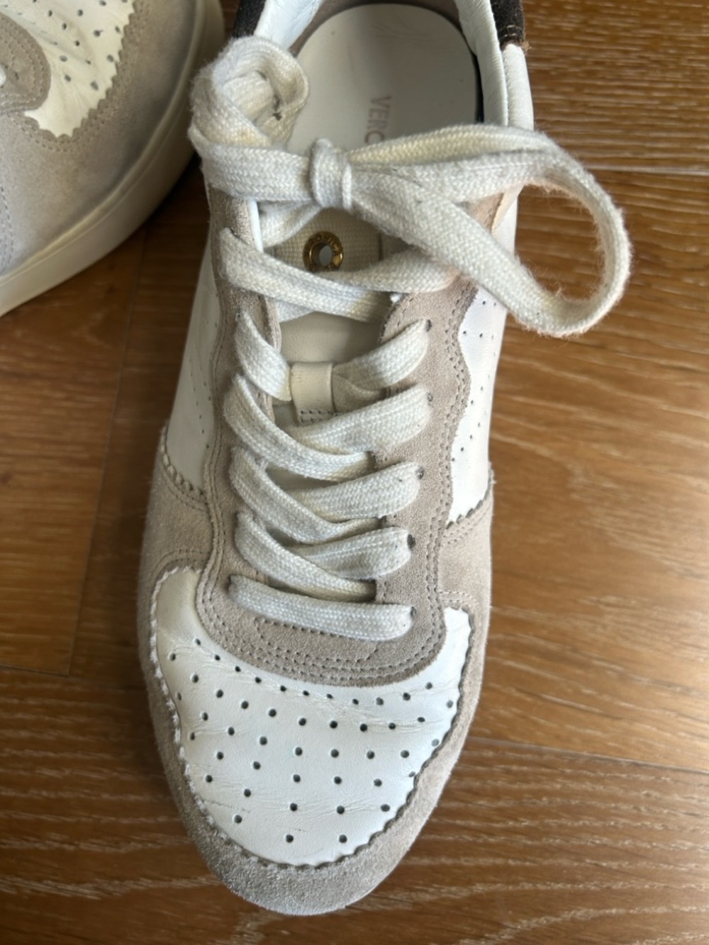 Veronica Beard Lennox White Leather and Taupe Suede-Trim Sneakers -Leopard Print - Picture 8 of 11